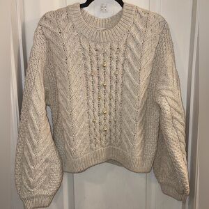 Rebecca Minkoff Cream Cable Knit Sweater with Pearl Detail